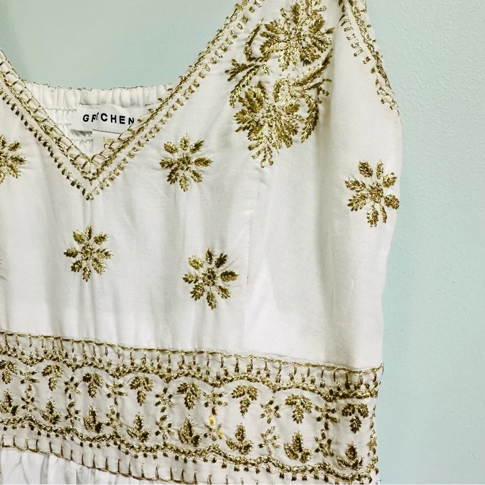 Gretchen Scott hand embroidered midi dress Fiesta Time white/gold, size medium